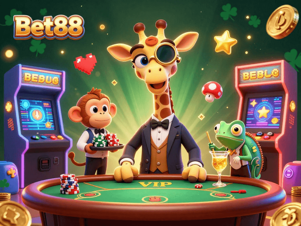 Experience the thrill of Bet88 with vibrant casino elements and high-roller characters in action.