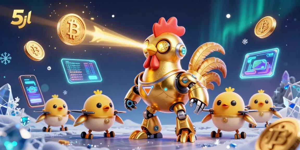 Engage with 5jl's vibrant casino scene featuring a golden rooster shooting lasers and crypto coins.