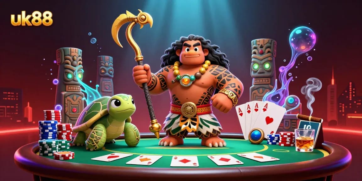 Experience the adventure of uk88 as a demigod hawk showcases poker triumph with vibrant casino elements.
