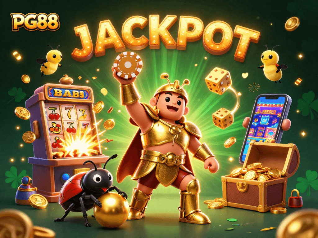 Experience the thrilling jackpot with PG88 as the hero beetle lifts a golden poker chip in victory.