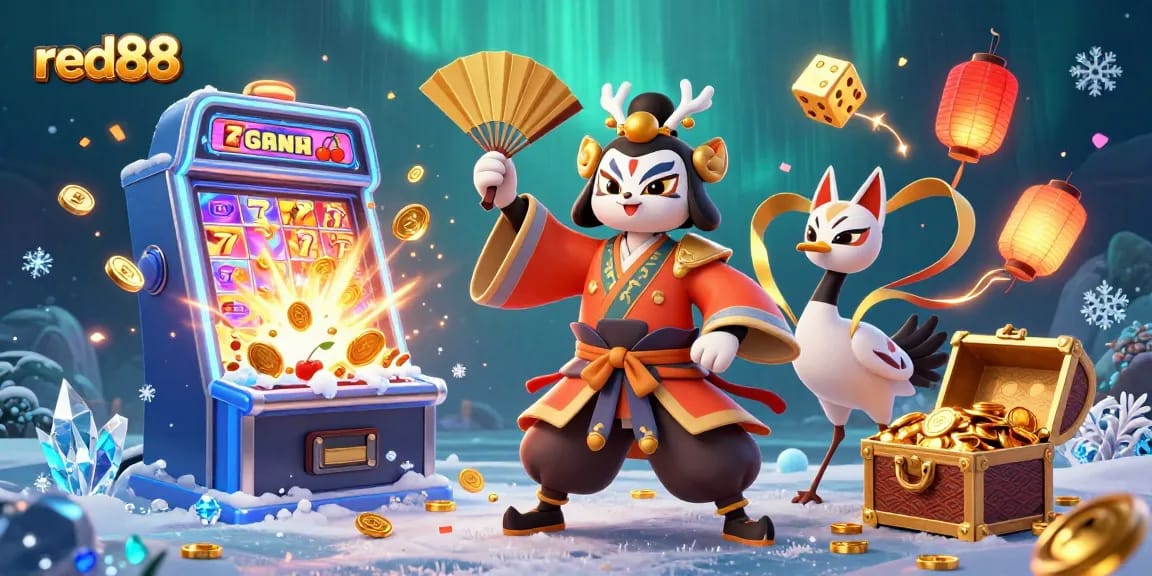 Experience the excitement of gambling with red88 in this vibrant 3D casino illustration, featuring dynamic characters and game elements.
