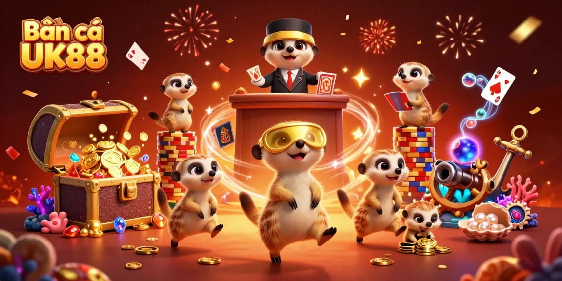 Bắn cá UK88 showcases meerkats as casino operators amidst a vibrant underwater treasure setting.