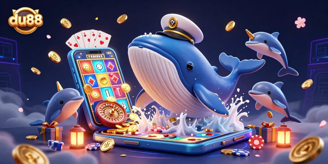 Engage with du88's vibrant casino visuals featuring a dynamic scene of a whale and friends.