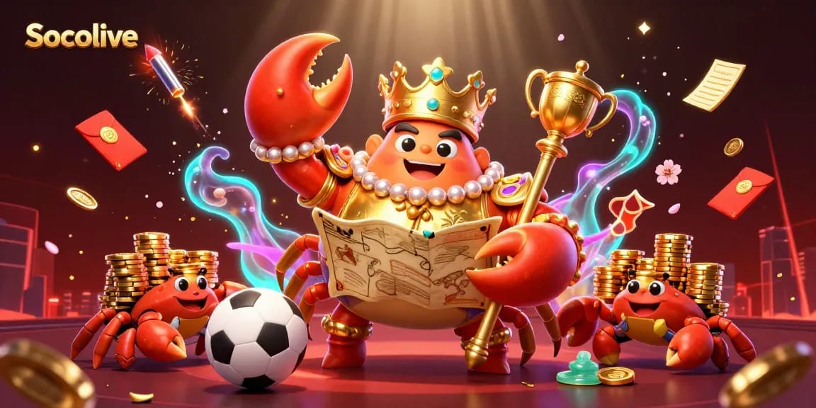 Socolive showcases an adventurous crab emperor controlling betting elements like sports balls and tokens with a treasure map
