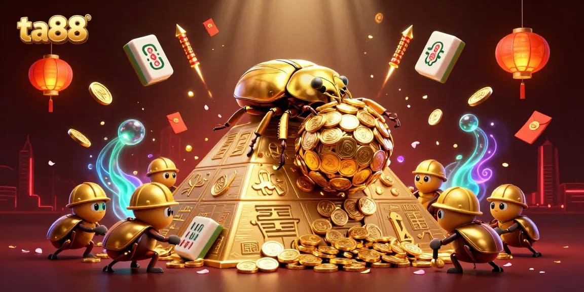 Join the excitement with ta88 as golden beetles navigate casino treasures in this vibrant 3D scene.
