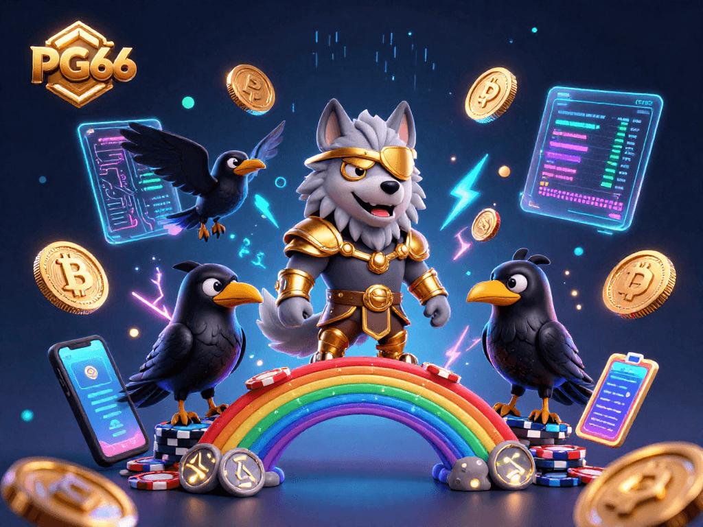 Engage with PG66 as the Odin wolf and ravens enchant on a vibrant casino chip bridge.