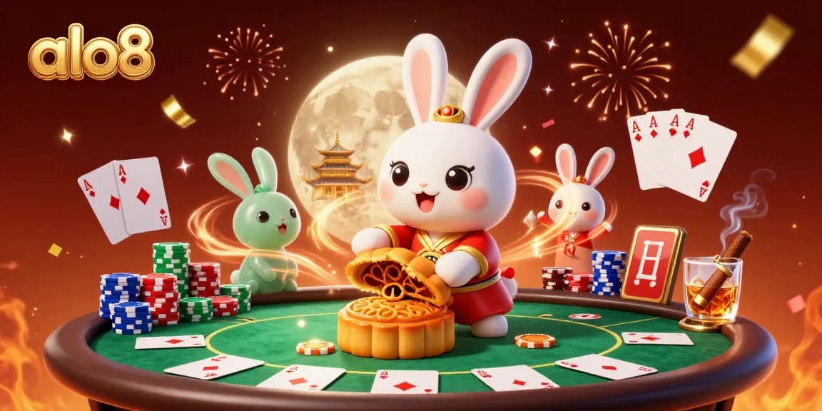 Experience thrilling gaming with alo8 as the moon rabbit and jade companion reveal poker chips in a vibrant casino scene.