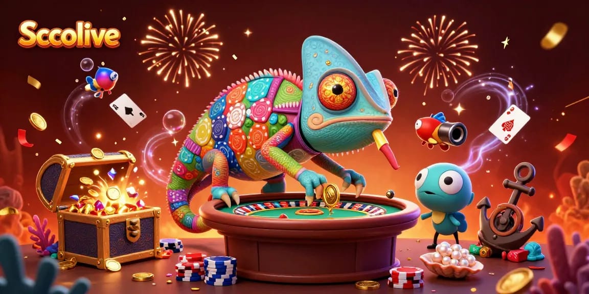 Socolive's lively casino scene features a colorful chameleon and treasure-filled underwater elements.