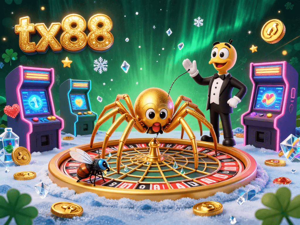 Engage in exciting gameplay at tx88 with a golden spider and croupier in a vibrant casino scene.