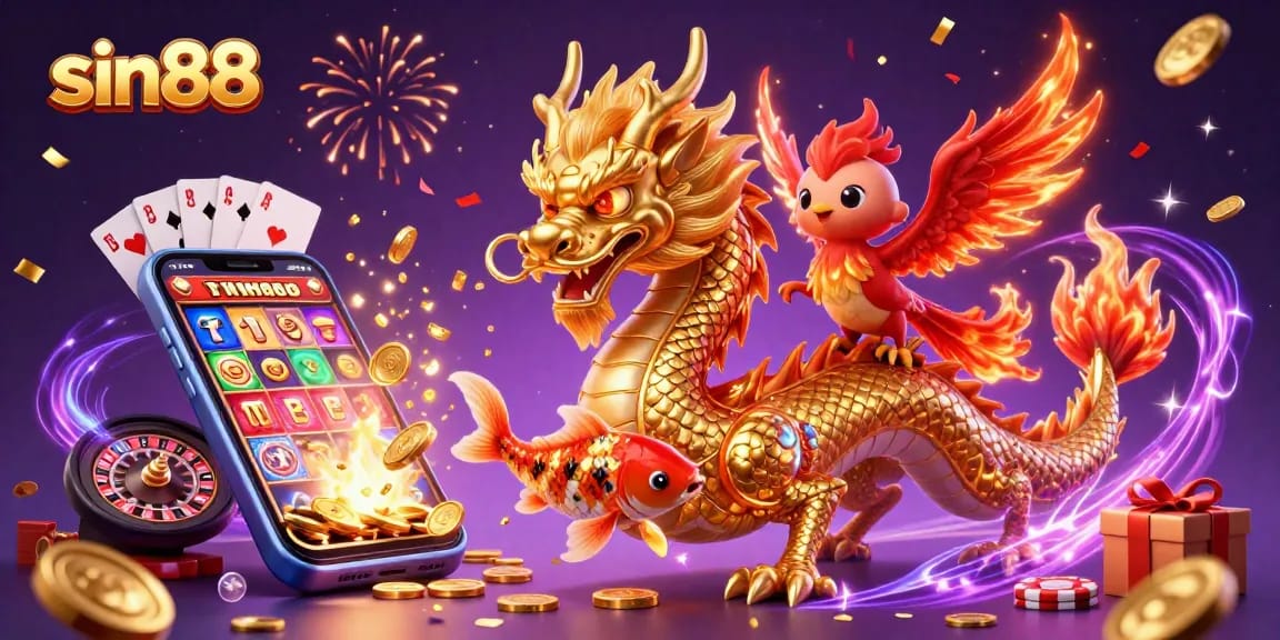 Engage with sin88 as the golden dragon, phoenix, and koi fish celebrate with joyous casino symbols.