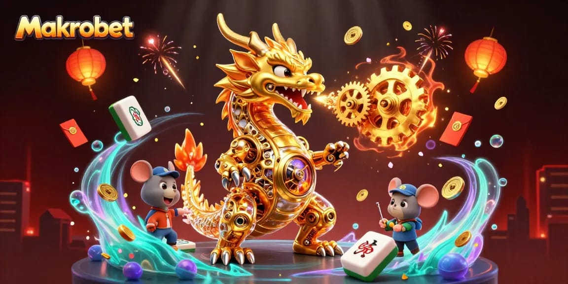 Engage with the Makrobet casino experience featuring dynamic elements like a golden dragon and lucky mahjong tiles.