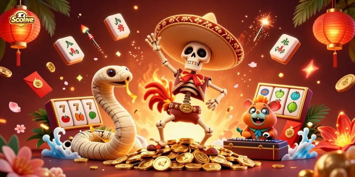 Socolive showcases a vibrant celebration of gaming with dynamic casino characters and slot elements.