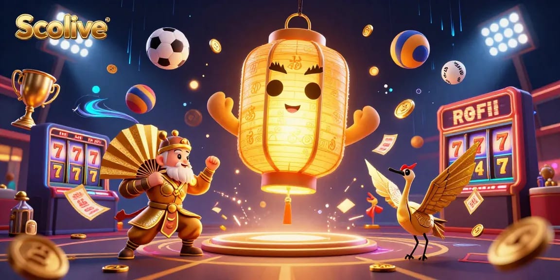 Socolive's vibrant casino world featuring a golden lantern spirit among dynamic gaming elements.