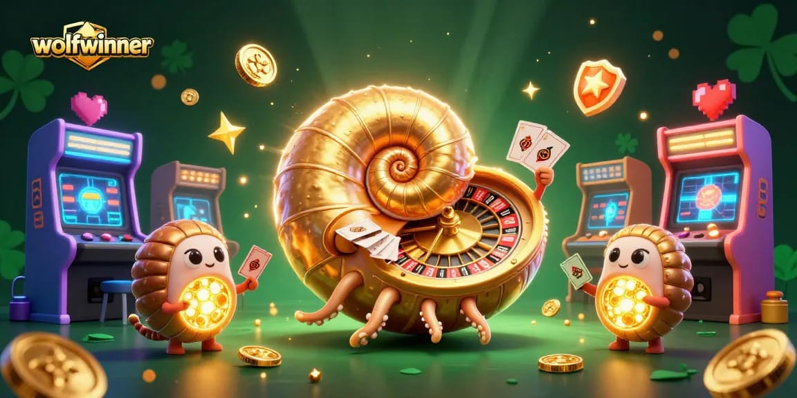 Experience thrilling games with wolfwinner, featuring a giant nautilus roulette wheel amidst vibrant casino elements.