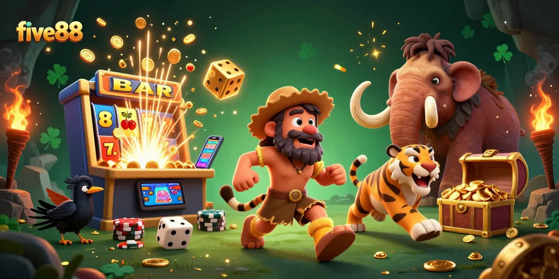 Experience the excitement of five88 as cavemen run a vibrant prehistoric casino filled with action.