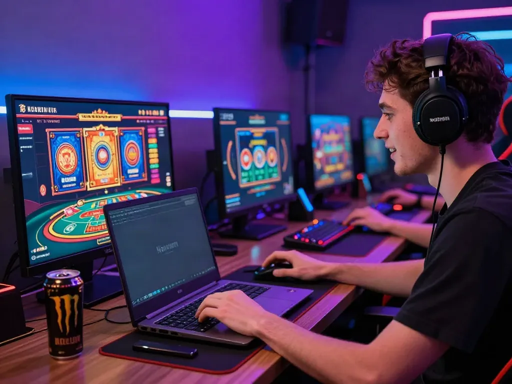 Nohuwin player deeply engaged in online gaming, showcasing vibrant slots and casino visuals.