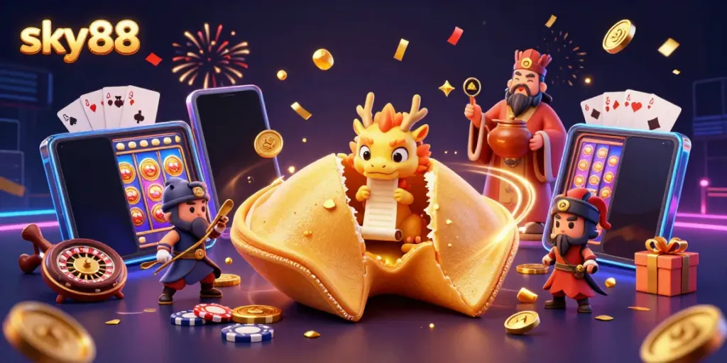 Engage in thrilling gaming adventures with sky88's vibrant casino scene featuring fortune cookies and dragons!