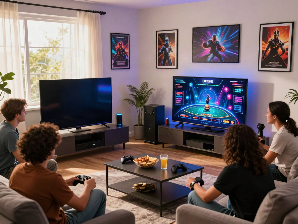 Engaged friends enjoying du88 online gaming in a lively living room.