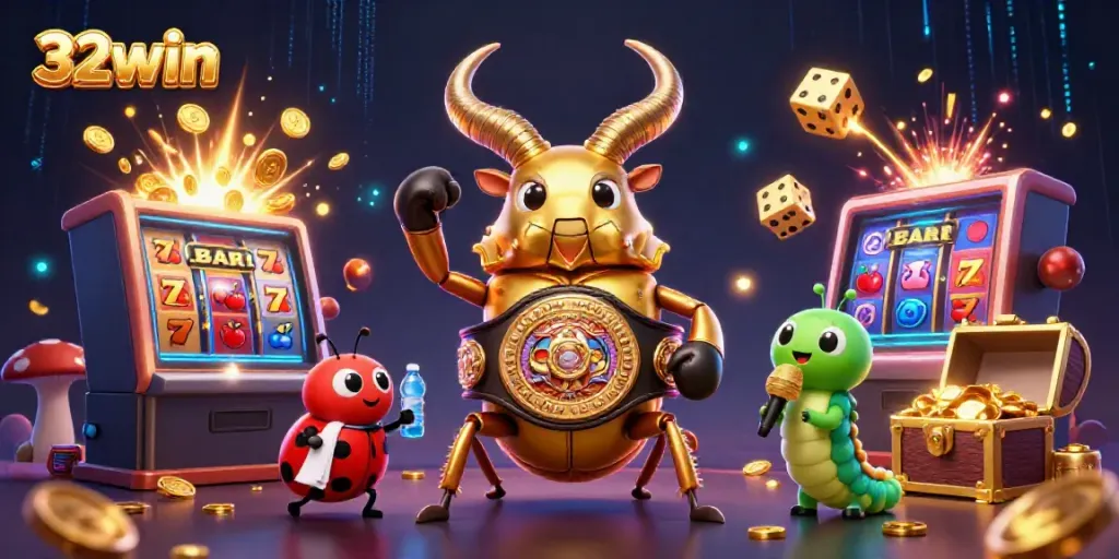 Experience thrilling gameplay with 32win's dynamic casino scene featuring a golden stag beetle and exciting game elements.