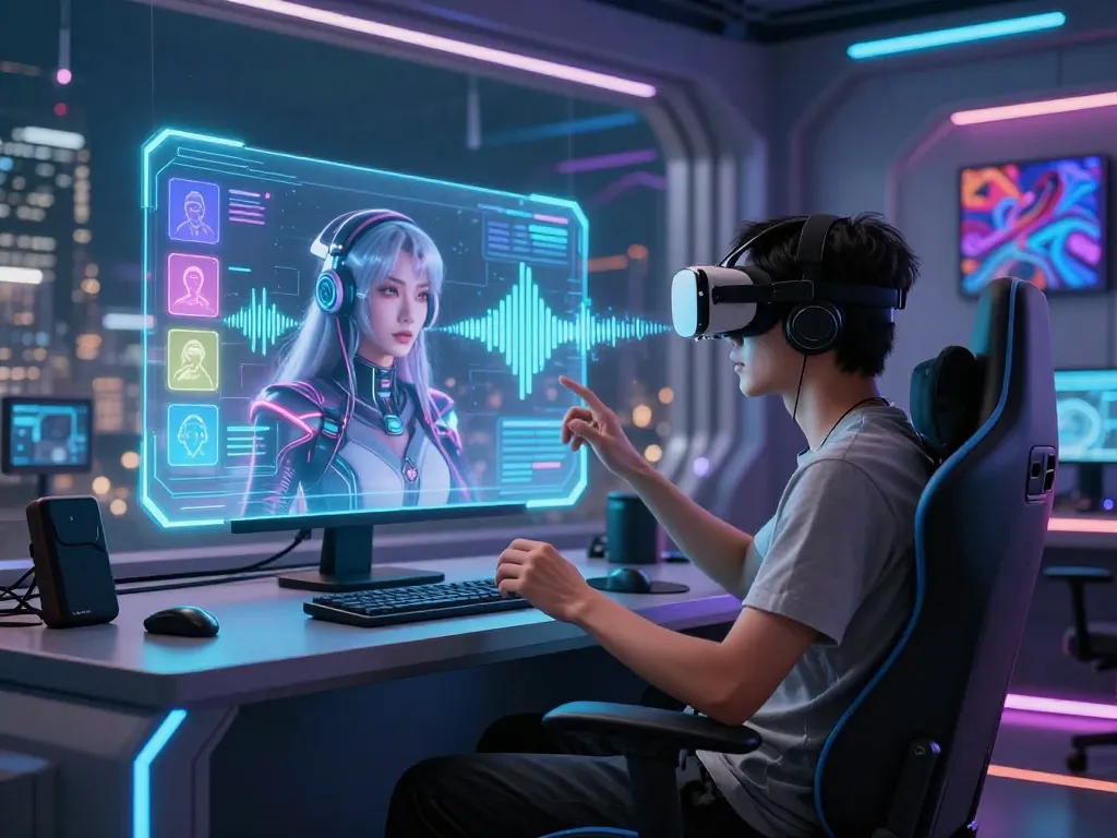 Engaging user interacting with crush on AI character in futuristic digital space, showcasing immersive tech and vibrant settings.