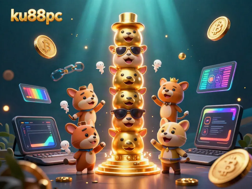 Experience unique gaming at ku88pc with a dynamic 3D totem pole amidst vibrant cryptocurrency elements.