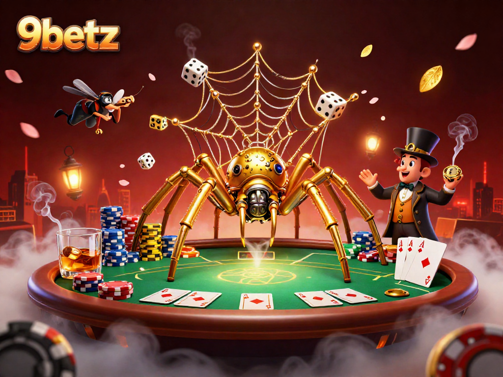 Experience thrilling gameplay at 9betz with a steampunk spider and lavish poker elements.