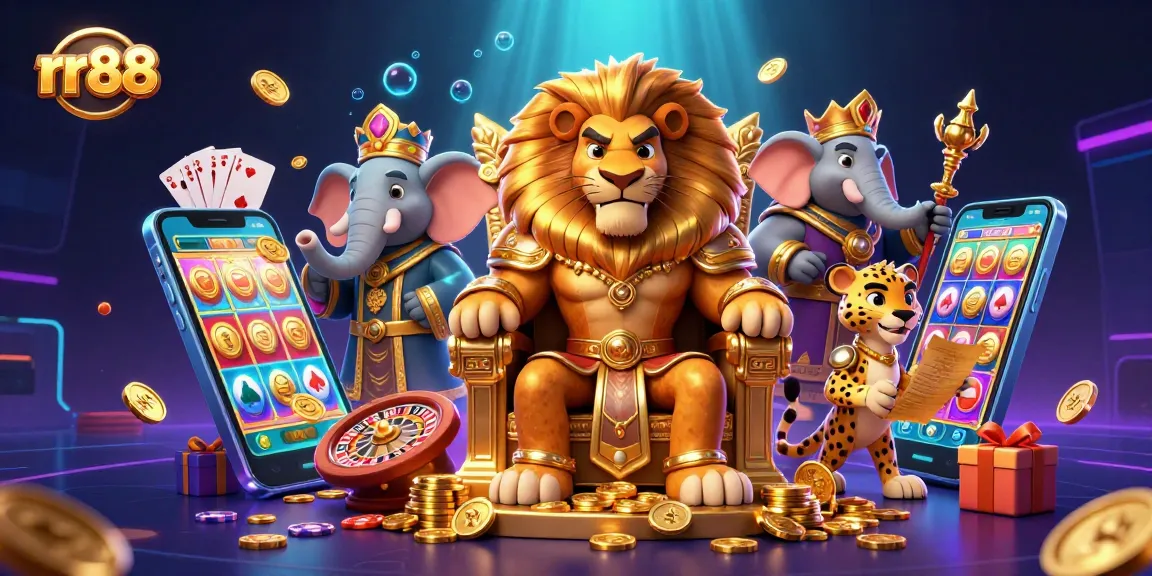 Engage with the thrilling fun of rr88 as the lion king oversees a dynamic casino scene