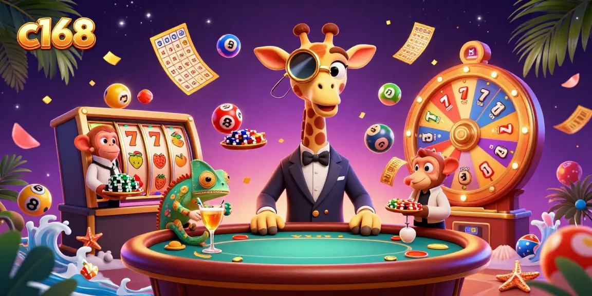 Experience the excitement of c168 with a vibrant 3D casino scene featuring unique characters and dynamic gaming elements.