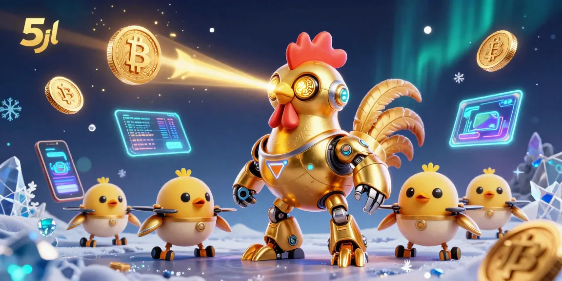 Engage with 5jl's vibrant casino scene featuring a golden rooster shooting lasers and crypto coins.