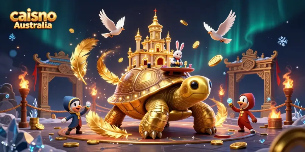 Play at caisno Australia with an imaginative 3D casino scene featuring a golden tortoise and dealer.