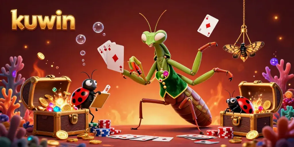 Kuwin players celebrating a winning hand in a vibrant casino scene with cartoon characters and gold coins.