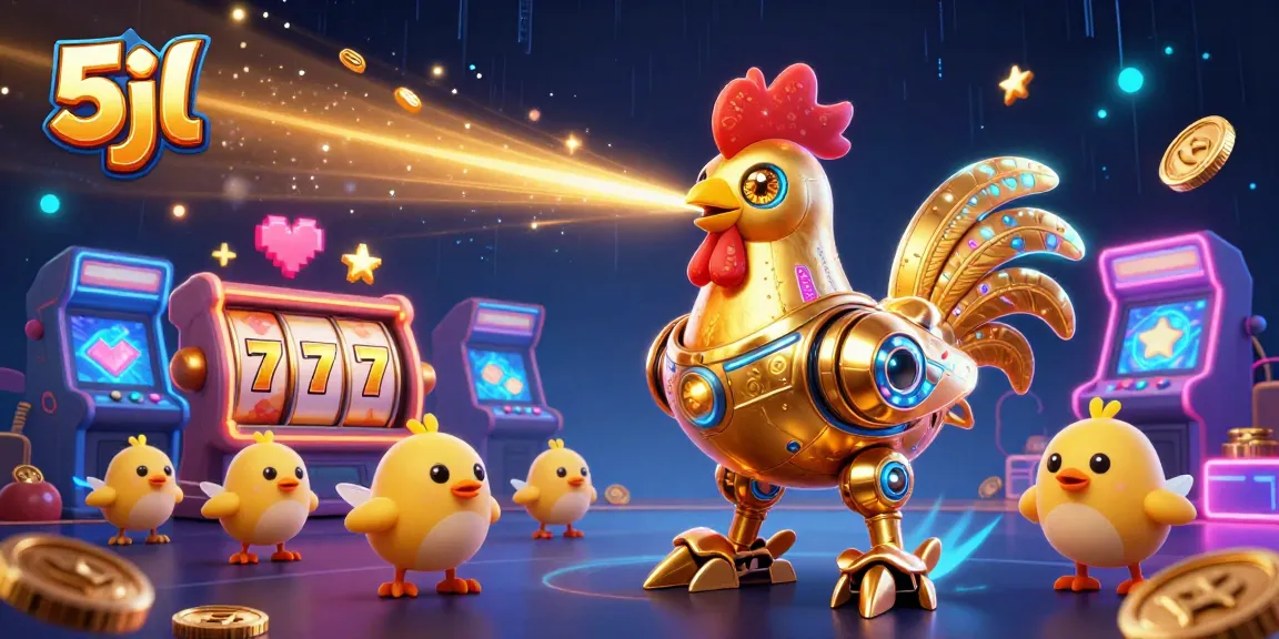 Engage with the exciting 5jl adventure featuring a golden rooster robot in a vibrant casino scene.
