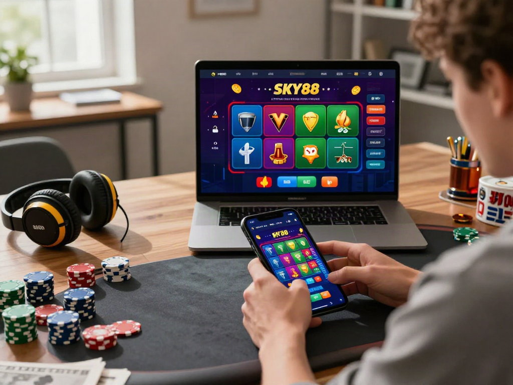 Diving into SKY88 online gambling with mobile gameplay surrounded by poker chips and sports memorabilia.