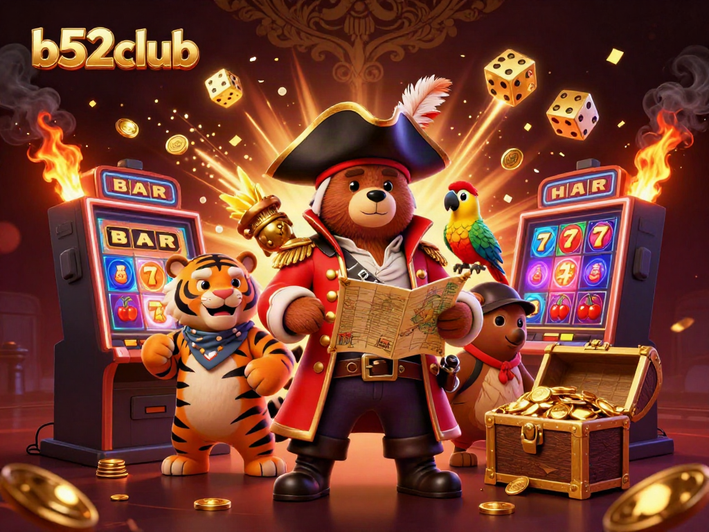 Experience thrilling gameplay with b52club in a dynamic casino atmosphere featuring a cartoon pirate bear, tiger, and parrot.