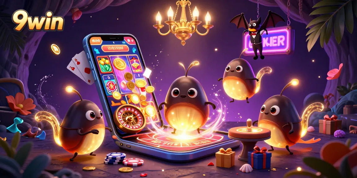 Engage in thrilling play at 9win where glowworms illuminate a vibrant casino scene.