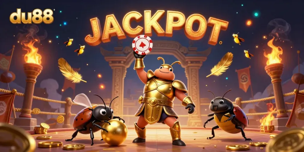 Join the victory at du88 with a gladiator beetle celebrating a poker win surrounded by casino elements.