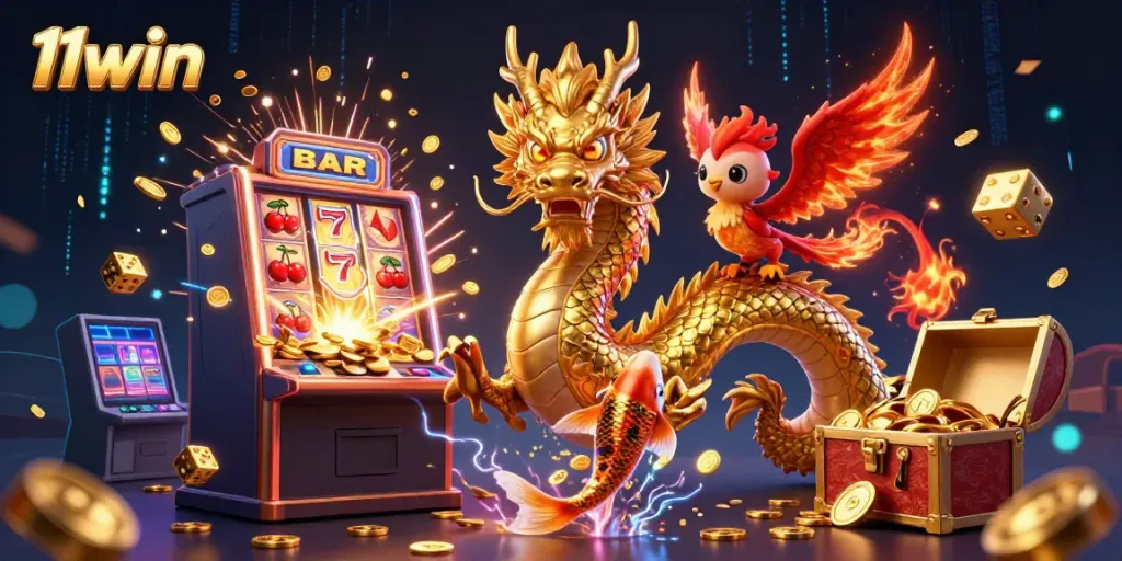 Play exciting games at 11win as a fierce golden dragon and phoenix soar over a jackpot explosion.