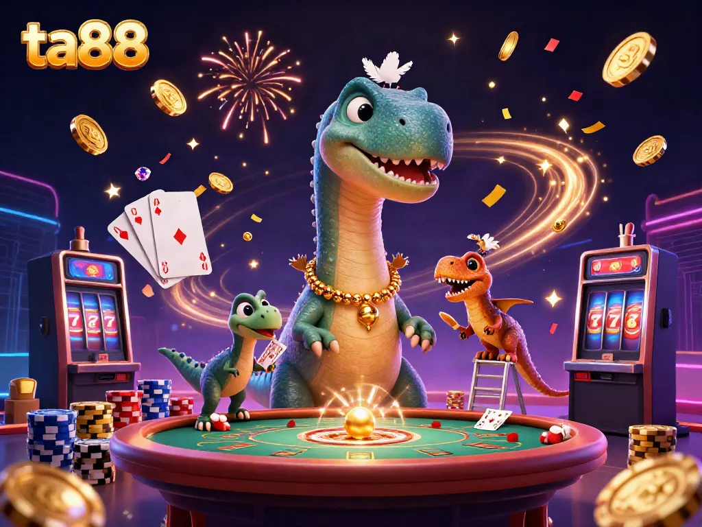 Engaging scene from ta88 with vibrant 3D characters, cascading coins, and a spinning roulette wheel showing dynamic gambling action.