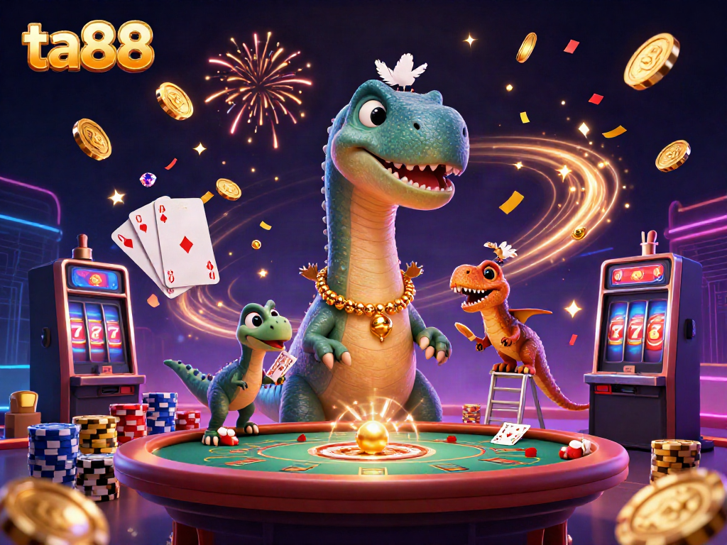 Engaging scene from ta88 with vibrant 3D characters, cascading coins, and a spinning roulette wheel showing dynamic gambling action.