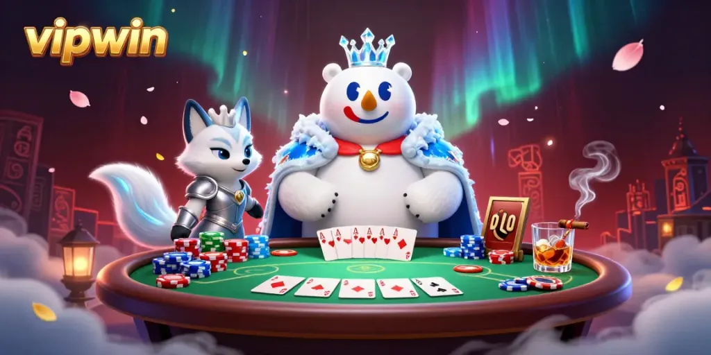 Experience high-stakes poker action with vipwin's elite characters amid vibrant casino elements.