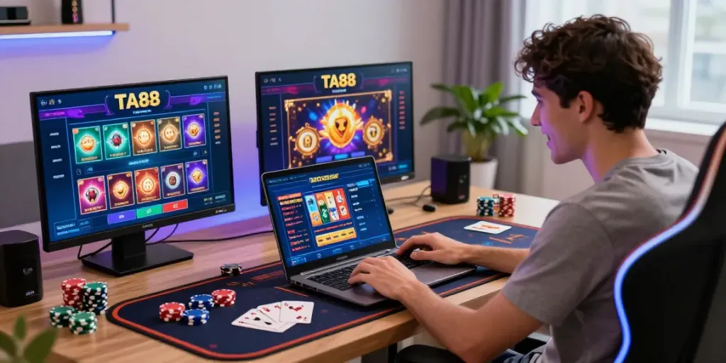 Excited user engaging with the TA88 online gambling platform at home.