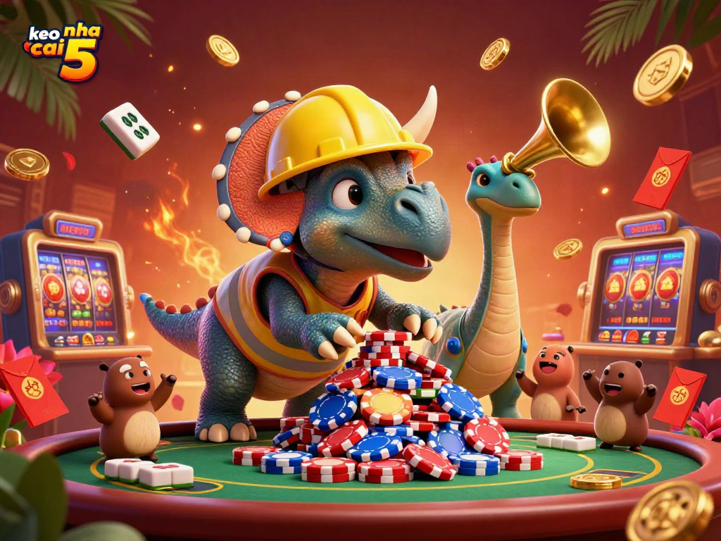 In an exciting scene, keo nha cai 5 showcases vibrant casino elements, featuring a triceratops in construction gear building poker chip stacks surrounded by cheering dinosaurs.