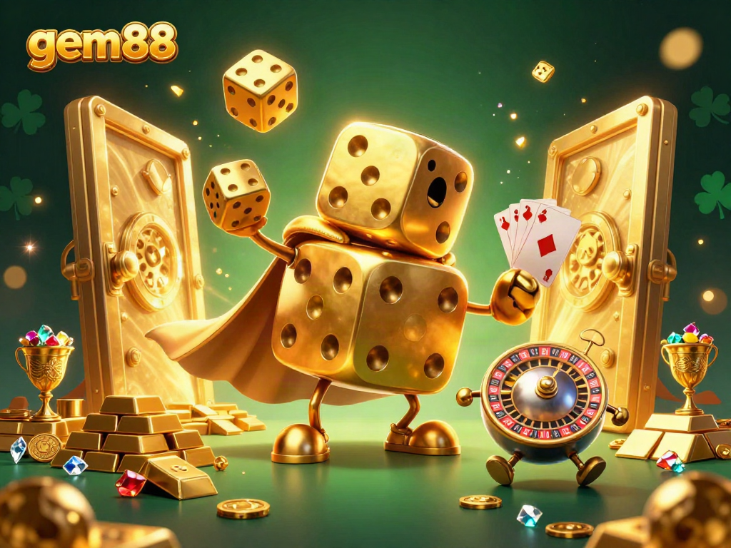 Experience the excitement at GEM88 with a dynamic illustration featuring golden dice, treasures, and casino elements.
