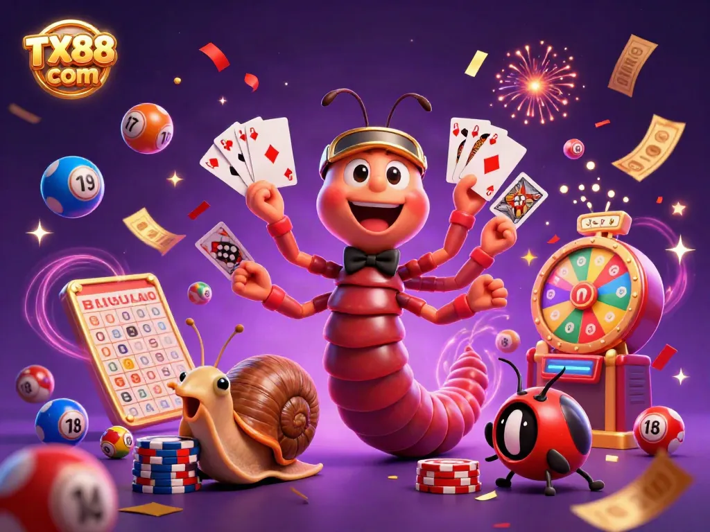 Experience thrilling gaming excitement with TX88 com as a millipede dealer presents interactive casino fun in vibrant, celebratory 3D.
