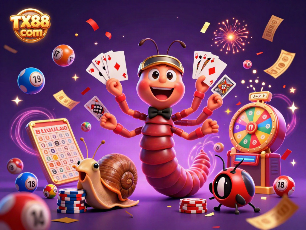 Experience thrilling gaming excitement with TX88 com as a millipede dealer presents interactive casino fun in vibrant, celebratory 3D.