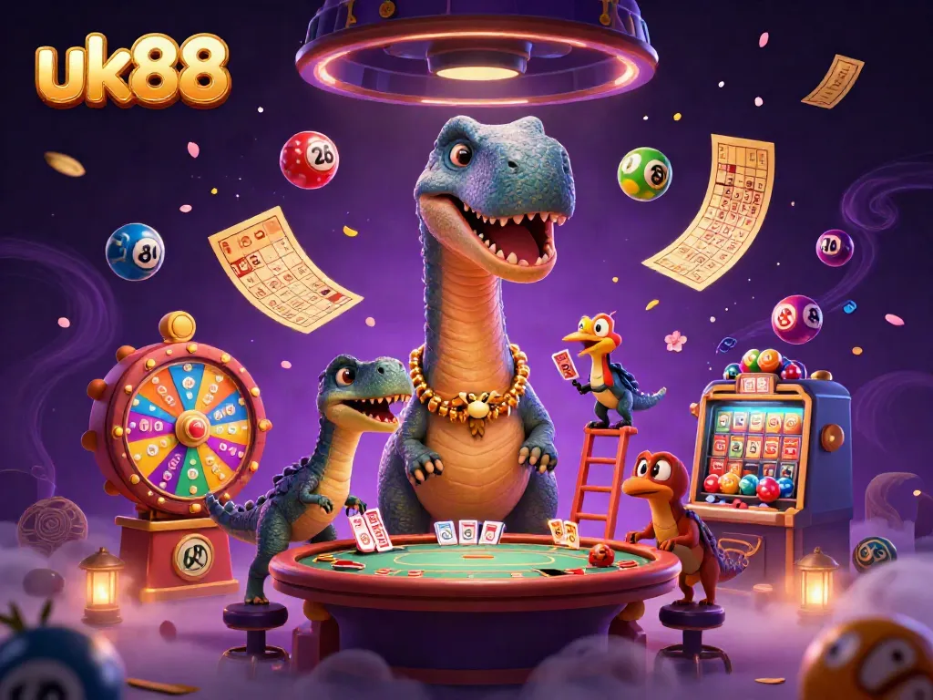 Experience excitement at uk88 with a towering dinosaur dealer amidst a vibrant 3D casino backdrop.