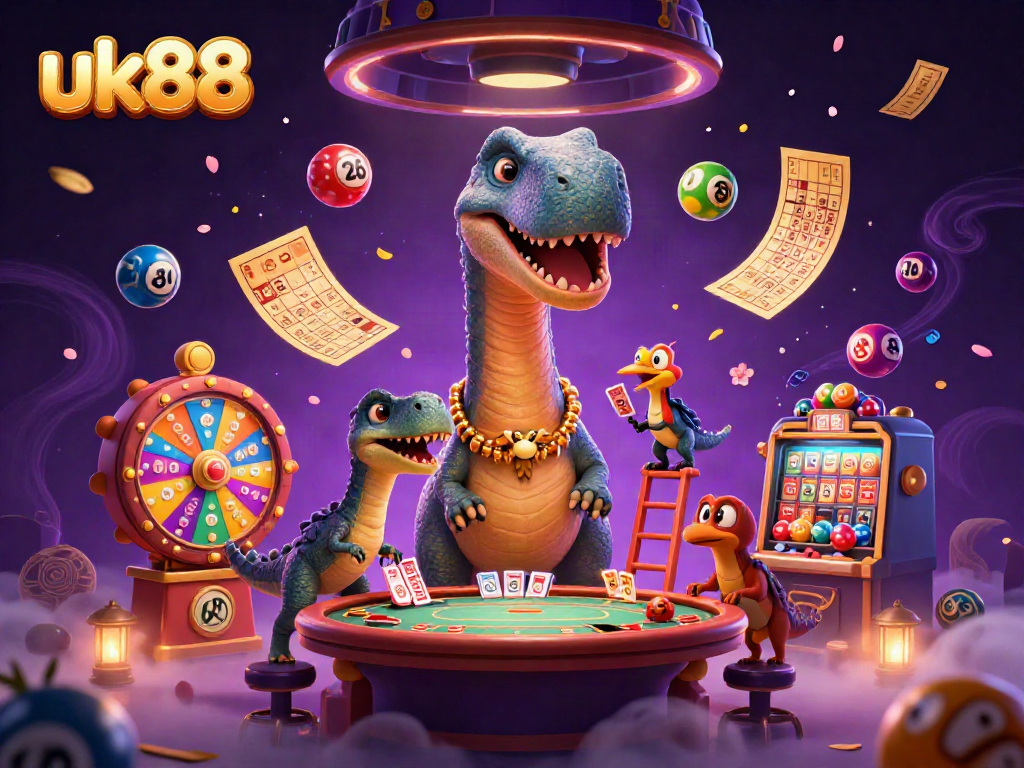 Experience excitement at uk88 with a towering dinosaur dealer amidst a vibrant 3D casino backdrop.