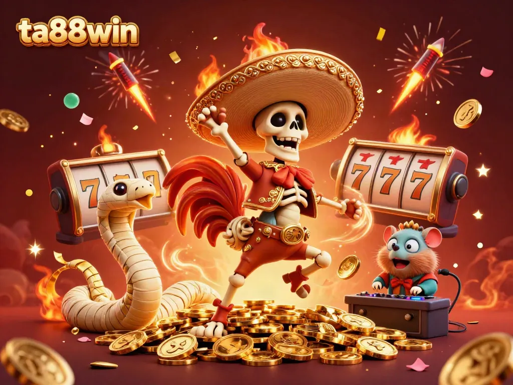 Celebrate wins at ta88win with a mariachi rooster, mummy snake, and DJ hamster surrounded by casino elements.