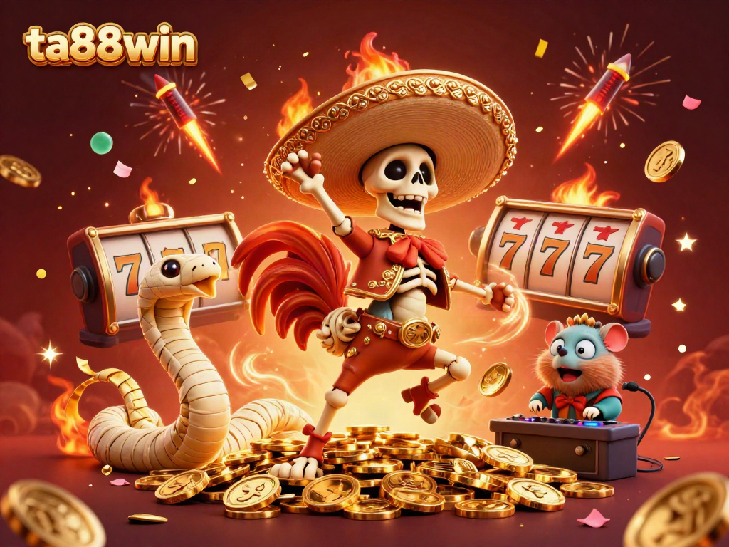 Celebrate wins at ta88win with a mariachi rooster, mummy snake, and DJ hamster surrounded by casino elements.