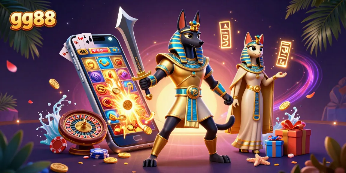 Engage in thrilling gameplay at gg88 with Anubis, the warrior, in a colorful casino scene with slots and prizes.